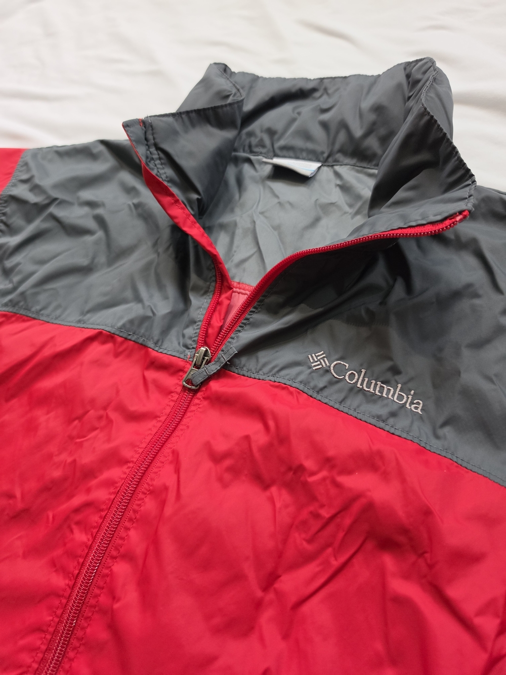Columbia Mens Red Gray Packable Hood Windbreaker Jacket Size Large